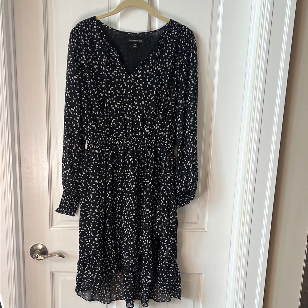 Banana Republic Black and multicolored dot high/low ruffled Long Sleeve Dress